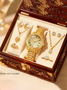 Luxury Quartz Watch Set, Stainless Steel Band, Analog Display, Perfect Gift for Women, All Seasons Wear, Includes Bracelet Necklace Ring, Matching Jewelry Set