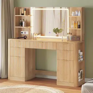 SIKAIC 51.2" Width Fluted Vanity Desk - Modern Makeup Vanity with Lighted Mirror, Adjustable Drawer, Engineered Wood Oak, Solid Legs, Waveform Groove Design, Storage, Charging Station, Christmas Indoor Furniture
