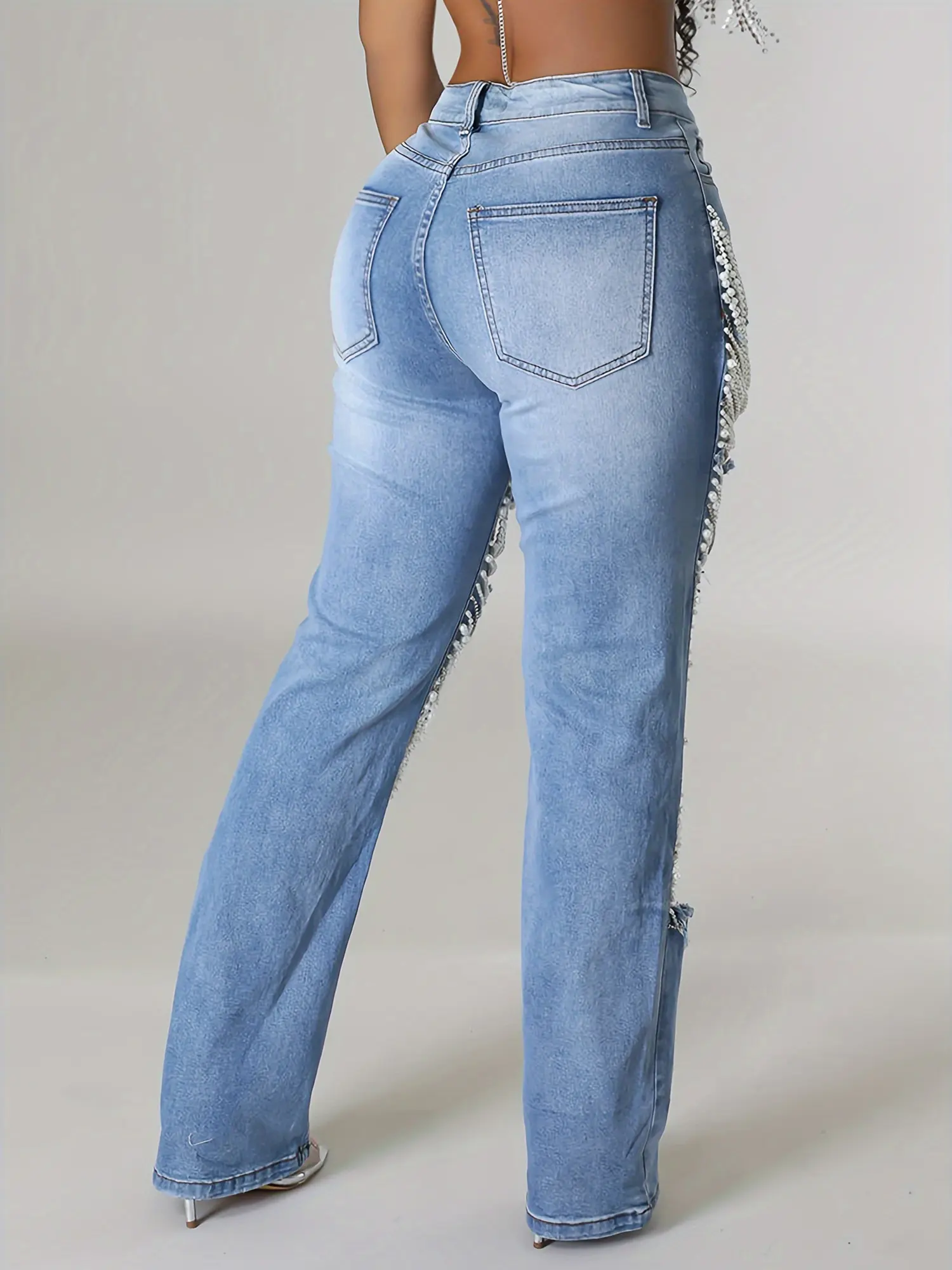 Women's sexy ripped jeans high waisted rhinestone pearl chain distressed  loose jeans party club clothing denim pants - TikTok Shop