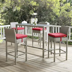 Modway Conduit Bar Stool Outdoor Patio Wicker Rattan Set of 4 in Light Gray Red