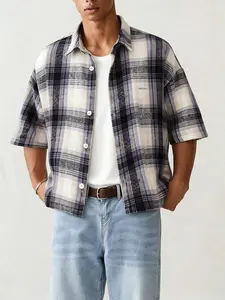 Men's Vintage Plaid Short Sleeve Button-Up Shirt, 90s Retro Street Style, Urban Fashion, Casual Wear, Trendy LeisureMen's Retro Plaid Short Sleeve Button-Down Shirt, 90s Vintage Streetwear Style, Soft Breathable Flannel Fabric, Oversized Fit & Classic Col