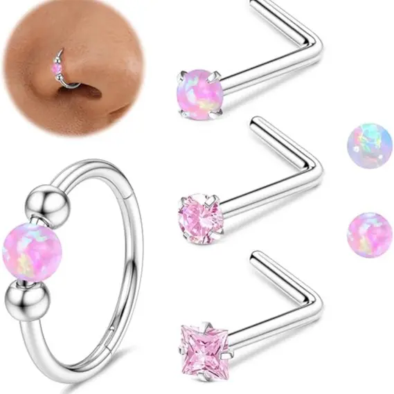 Nose Rings -Silver+Pink