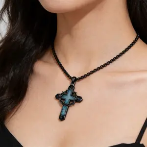 1Pcs Turquoise Cross Pendant Necklace for Men & Women with Thorny Wreath Design Religious Christmas Birthday Gift Ideal for Any Occasion