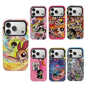 Cute -Cart00n-- P0werpuff Girls Phone Case, Double Layer Film Full Coverage Protective Cover for iPhone 11, 12, 13, 14, 15, 16, 17 Pro Max Plus Mini | Pop Art Nostalgia Durable Hybrid Guard Design