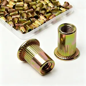 1/4 Rivet Nut, 100 count Carbon Steel Rivet Nuts, 1/4-20 Threaded Insert Rivnut, SAE UNC Flat  Zinc Plated with 72h Salty  RIV Nut for Automotive