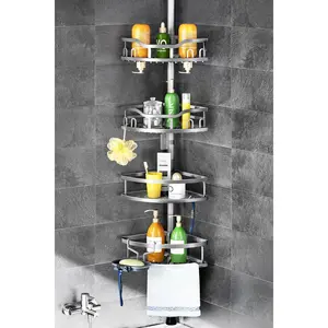 Corner Shower  Tension Pole: Rustproof 4-Tier Bathroom Organizer Shelves for Bathtub Shampoo Storage - -121 Inch Quick Install Adjustable Rod Standing Rack with Soap Rack -  Gray