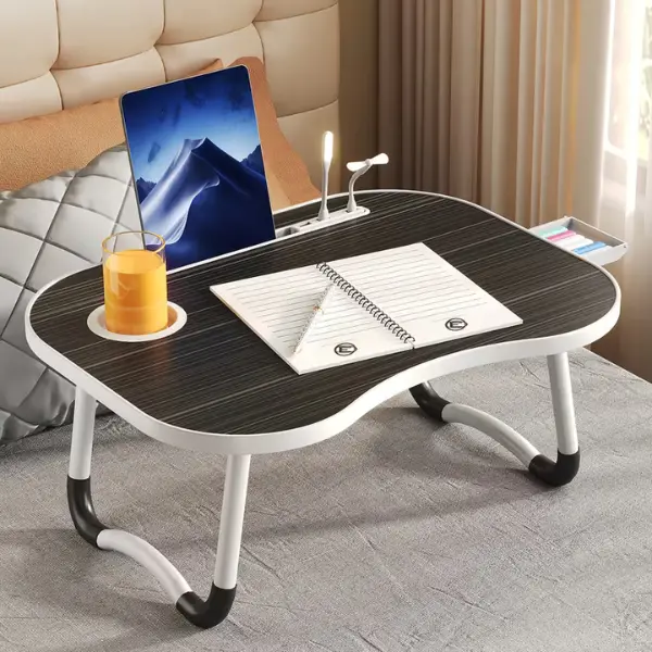 Portable Laptop Bed Desk with USB Fan & LED Light | Foldable Bed Table with Cup Holder, Tablet Slot & Storage Drawer | Multifunction Study, Reading, Work & Breakfast Tray