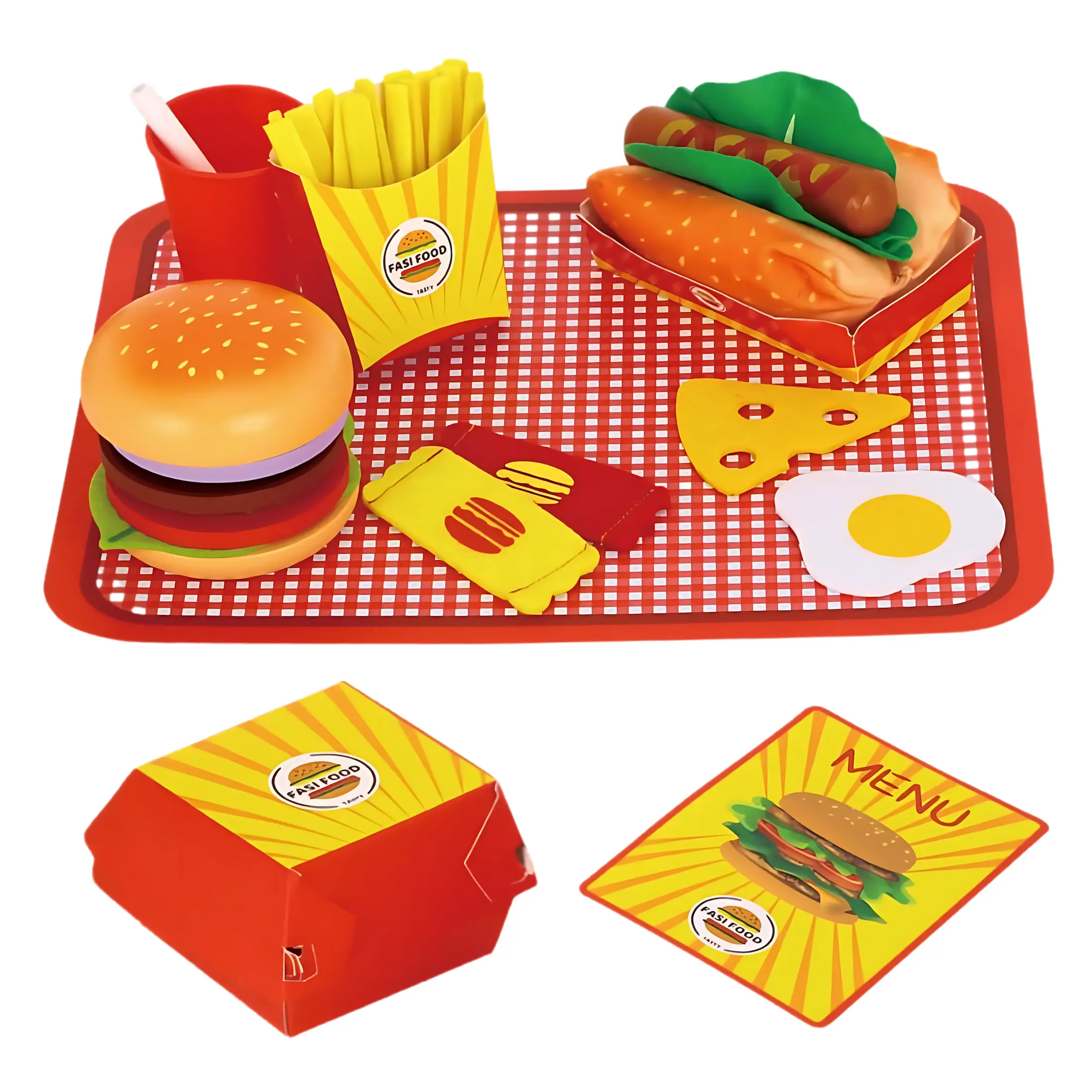 Toyster's Wooden Fast Food Play Set – Pretend Play Burger, Fries & Hot Dog Meal with Tray – Montessori Kitchen Toy for Kids