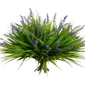 12 Bundles Artificial Plants Fake Monkey Grass with Flowers for Pot UV Resistant Plant for Window Planter Pathway Front Porch (Grass with Flowers)