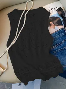 Women's Hollow Out Knit Sweater Vest, Summer Casual Holiday Top, Plain Fitted Design, Versatile Ladies' Clothing