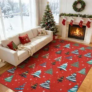 Garvee Red 8x10 Area Rugs for Living Room, Washable Rug for Home Decor, Indoor Non Slip Carpet, Soft Low Pile Christmas Rug with Xmas Tree Motif for Bedroom, Dining Room