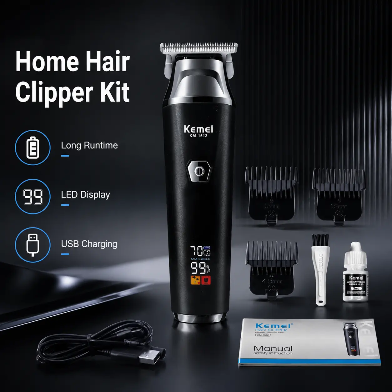 【Limited-Time Flash Sale】 KM-1512 LCD Digital Display Fast Charging Professional Hair Clipper & Beard Trimmer | Oil Head Carving Adjustable Grooming Kit for Home Use