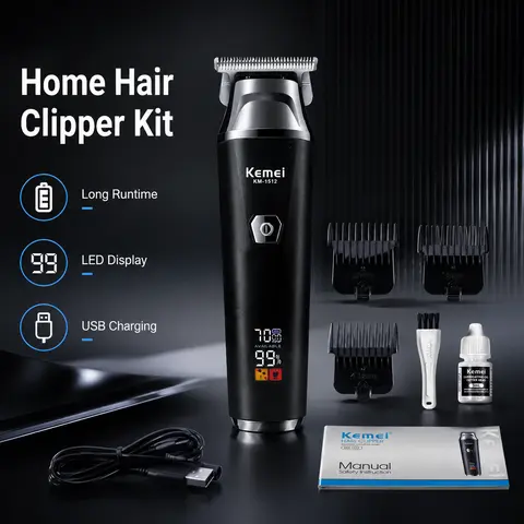 【Limited-Time Flash Sale】KM-1512 3.7V Rechargeable 1200mAh Fast-Charging LCD Display Professional Hair Clipper & Beard Trimmer Set, Adjustable Clipper, Trimmer Handle Grip, Oil Head Carving Compact Self-Grooming Kit, USB Port, Home Use Hair Cutting Kits