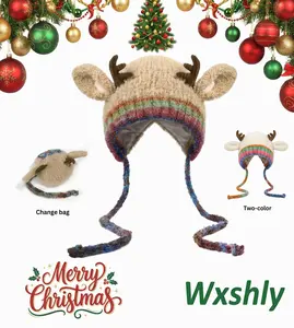 Wxshly Festive Christmas Antler Hat - Cozy Knitted One-Size-Fits-All Hat with Windproof Warm Ear-Protection for Family - Perfect for Christmas & Thanksgiving