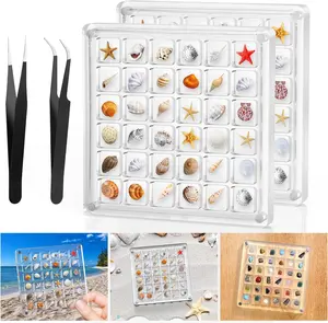 Acrylic Magnetic Seashell Display Box,Clear Sea Shell Display Box,Beach Magnet Storage Organizer Case for Seashell Diamond Beads,72 Grids,Transparent,2 Pack