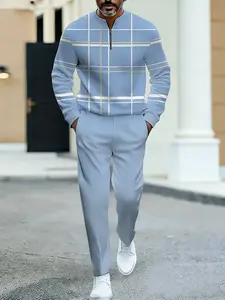Men's 2-piece lightweight business casual sportswear |   Light blue checkered top with half zipper |   Contrasting white and yellow checkered patterns+matching pants |   Suitable for urban commuting, office leisure, and polished comfort