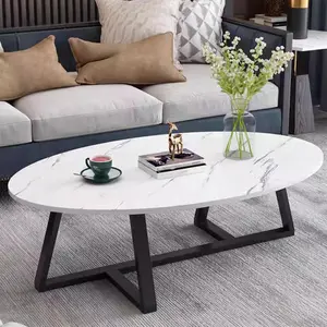 Coffee Table Small Oval Table,White Faux Marble Table for Living Room, Modern Center  Tables for Small Space,Wooden Tables End Tables with Sturdy Black Metal