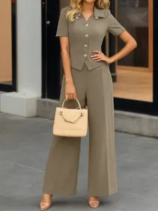 Women's Casual Solid Color Set, V Neck Button Front Blouse and High Waist Wide Leg Pants, Fitted Long Sleeve for Daily Wear