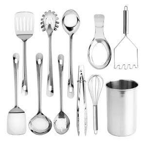COOK WITH COLOR 10-piece Stainless Steel Kitchen Utensil Set - Premium Nonstick Heat Resistant Turner Spaghetti Server Serving Spoons Whisk Tongs Masher & Holder
