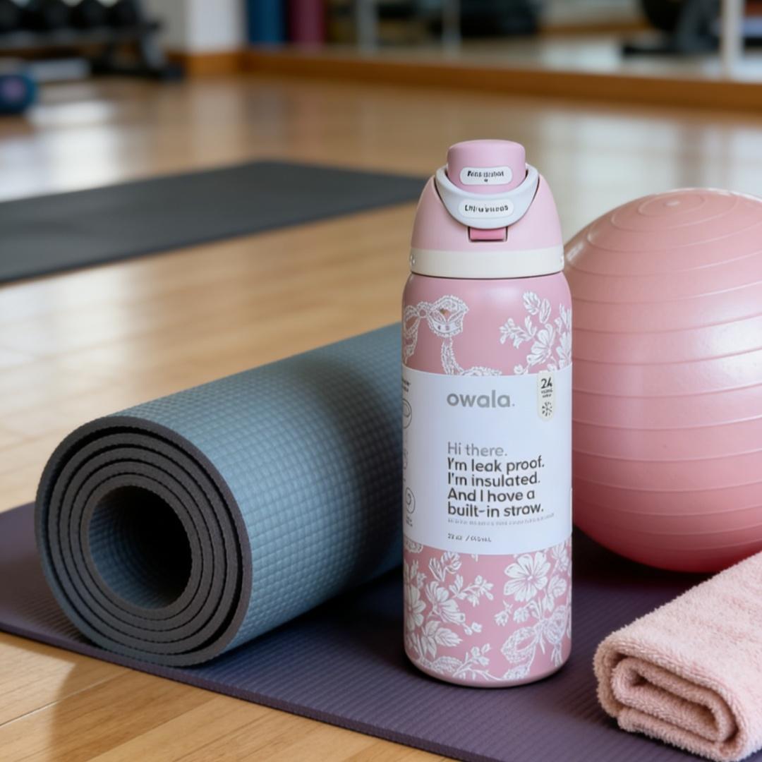 Owala FreeSip 32oz Pink White Lace Bow Insulated Bottle - Soft Sweet Style, Portable & Leak-Proof for Student & Commute Use