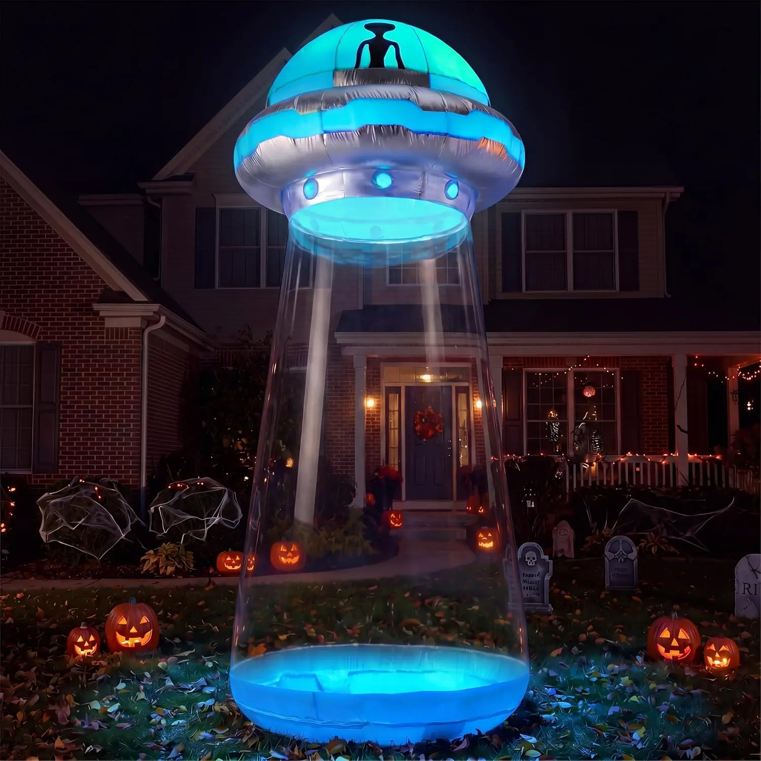 9 FT Tall Halloween Inflatable Blue Flat Rim UFO with Built-in Color Changing LEDs Blow Up for Halloween Indoor Outdoor Yard Garden Lawn Party Decoration
