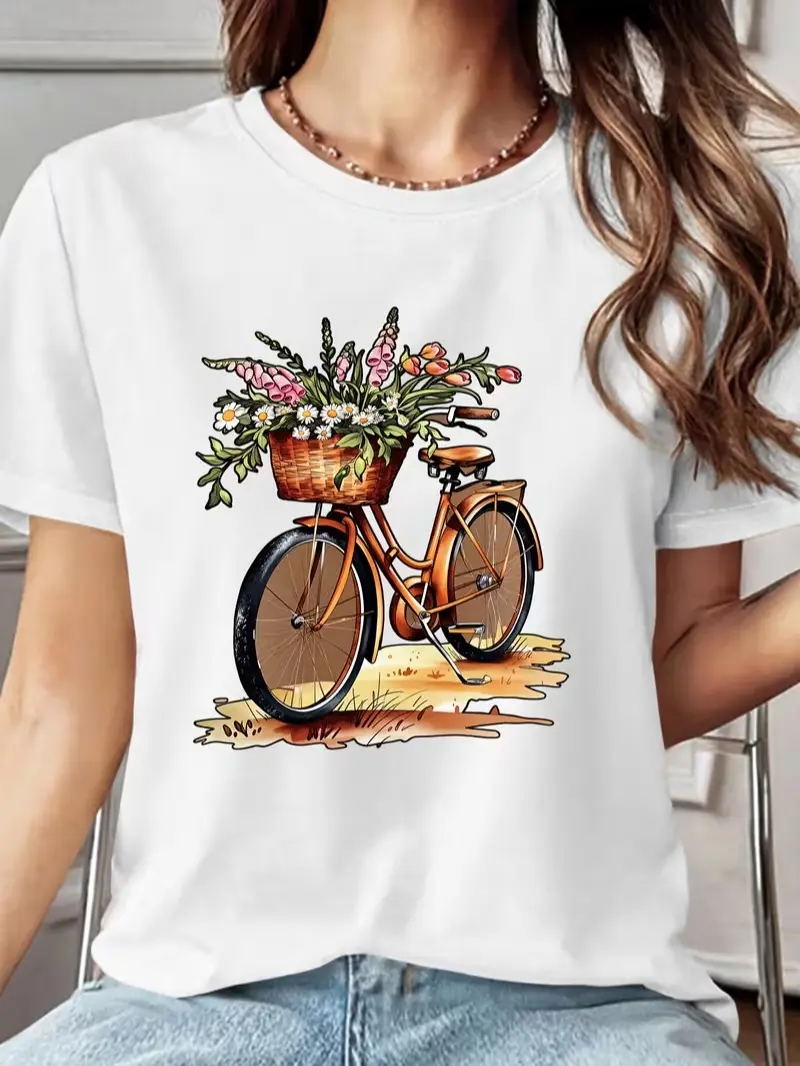 Women Watercolor Vintage Brown Bicycle With Wildflower Basket Graphic T-Shirt Soft White Cotton Short Sleeve Top Cottagecore Spring Garden Floral Casual Daily Wear Tee