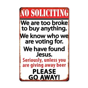 Vintage "No Soliciting" Humorous Metal Tin Sign, Rustic Red & Black, Frameless Wall Art with Sarcastic Message, Perfect for Home & Office Decor, Metal Wall Art Decor