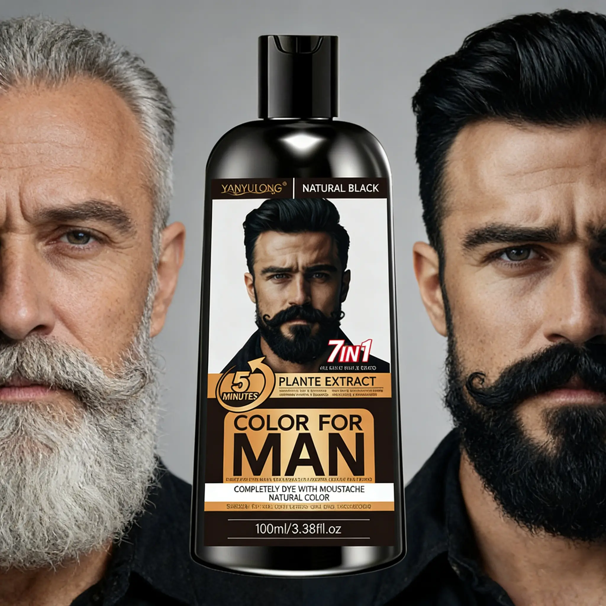 100ml Men's Beard & Hair Coloring Shampoo, Hair Dye, Beard Care, 7-in-1 benefits, gentle plant-based formula, Plant Extract. 5-min coloring for beard & hair, covers gray naturally. Easy apply & rinse, long-lasting shine.