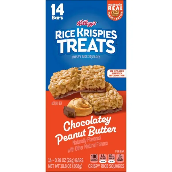 Crispy Rice Cereal Bars - Chocolatey Peanut Butter Flavor, Halal, 10.8oz Box (14 Count) - Ideal for Road Trips, Party Treats, School Snacks