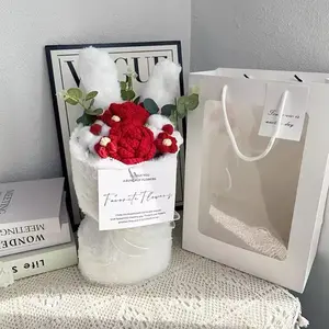 Crochet Rose bunny Flowers Bouquet Gift | Free Gift Bag & Light | Red | Valentine's Day