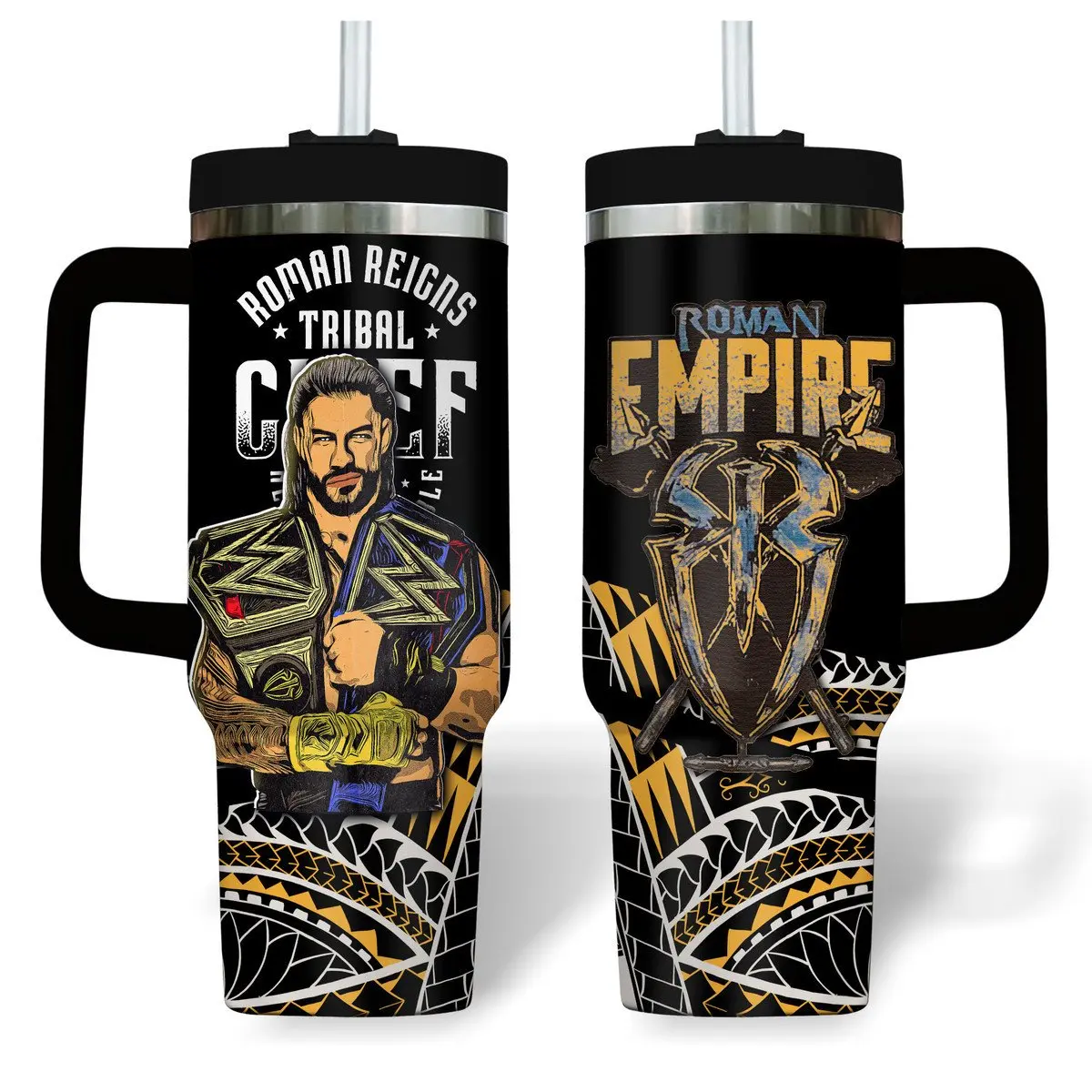 Roman Reigns Tribal Chief WWE 40oz Tumbler with Handle and Straw, Roman Empire Wrestling Travel Cup, Championship Belt Graphic Design, Pro Wrestling Fan Gift, Insulated Stainless Steel Mug, Tribal Pattern Drinkware