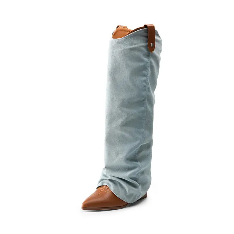 Dream Pairs Women's Over-the-Knee Boots, Classic Slouchy Western Style with Pointed Toe, Removable Shaft, Stylish Denim Fabric, Footwear, Chic