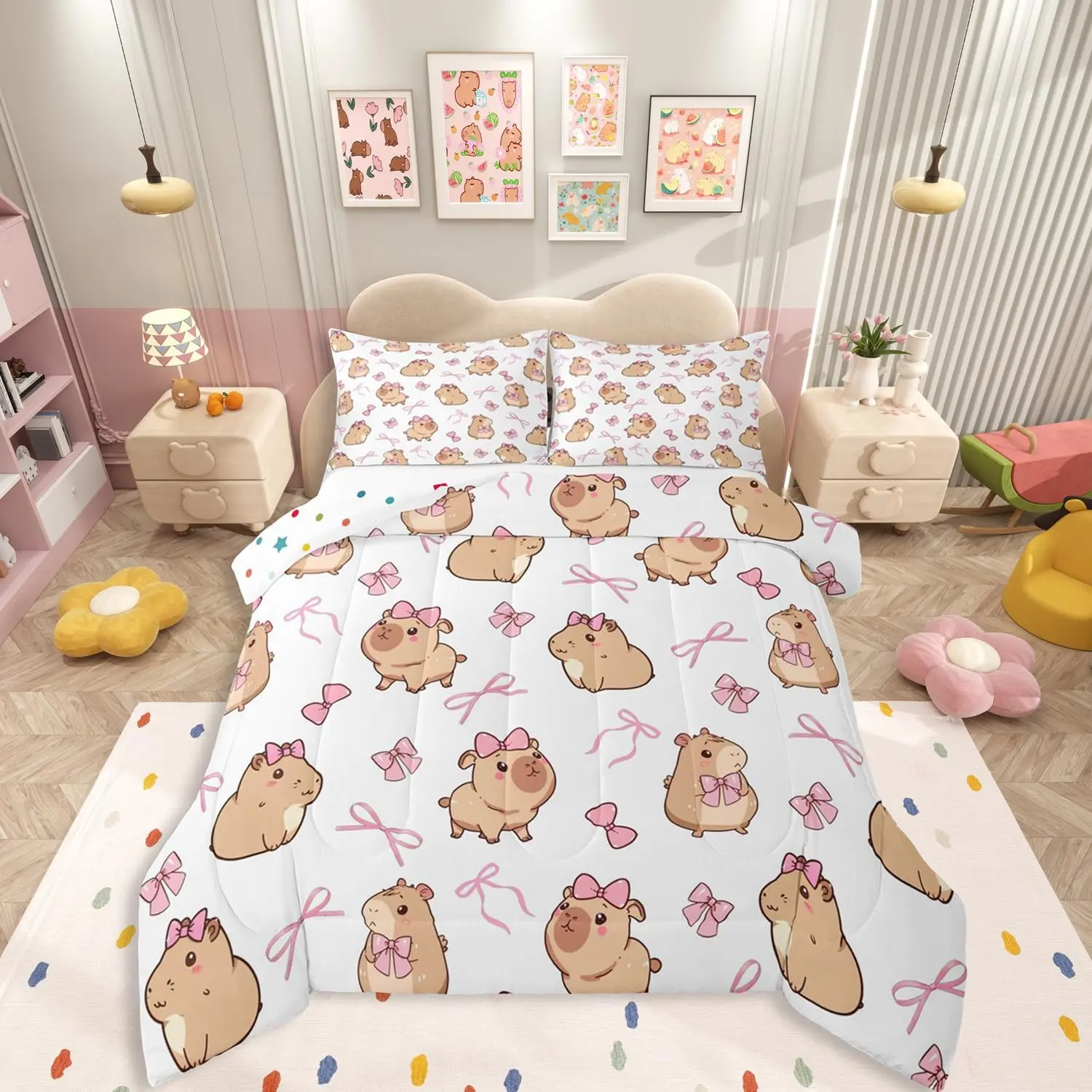 Cartoon Capybara Bedding Set Pink Bow Comforter Set Ribbon Bowknot Bows Comforter Adults Bedroom Cute Rodent Animals Quilt Duvet