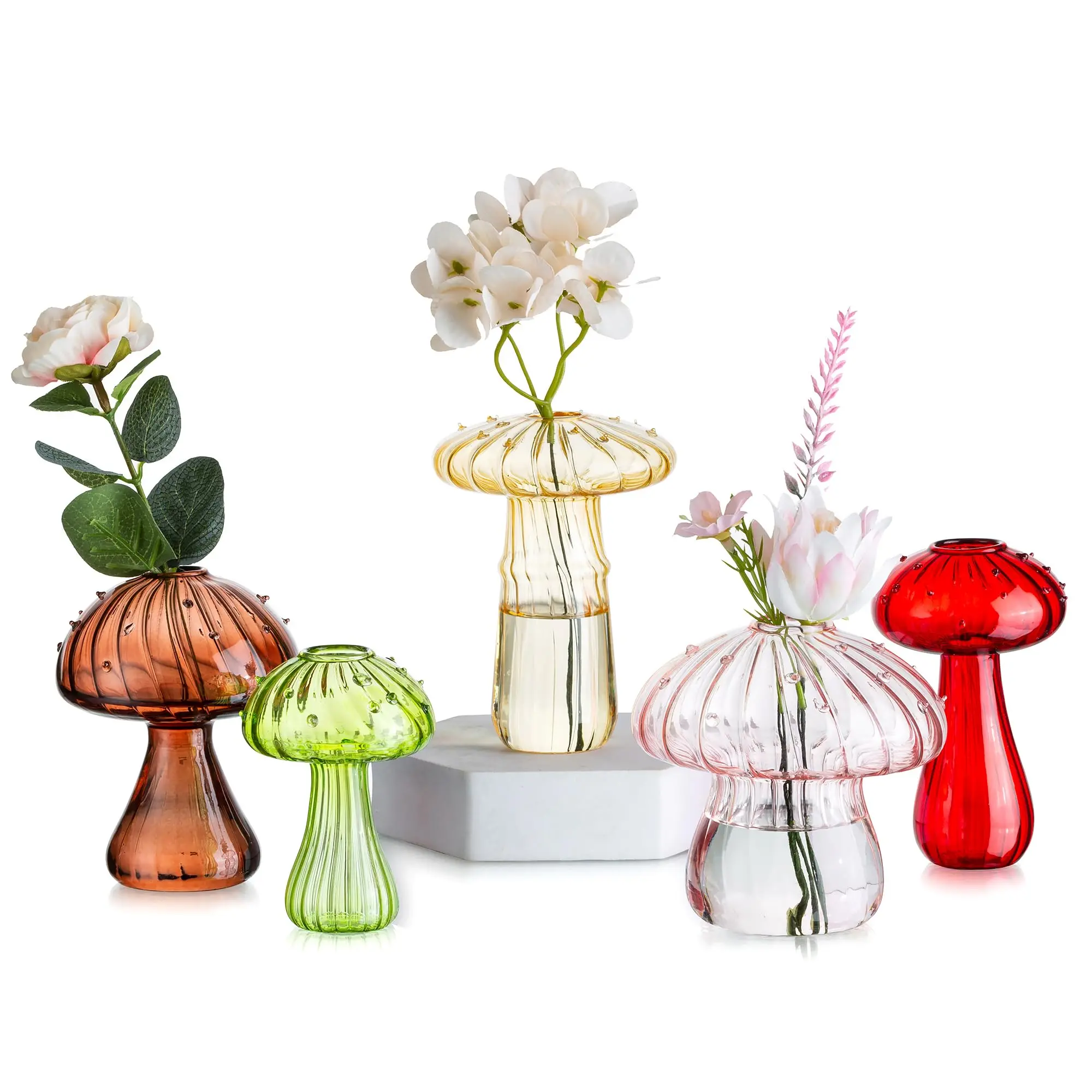 Mushroom Propagation Vase, Colored Flower Vases Decorative Set of 5 Unique Small Glass Vases for Flowers,Aesthetic Mini Cute Vase Decor, Vase for Bedroom Bathroom Kitchen,Christmas gifts