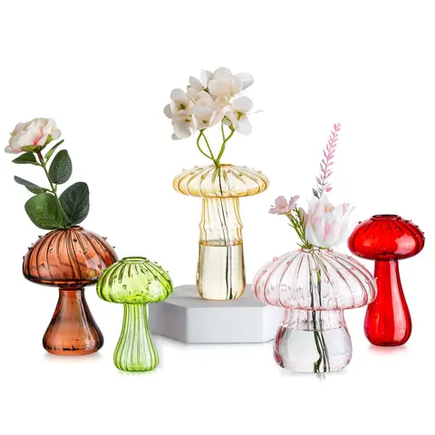 5pcs Classic Colorful Glass Mushroom Bulb-Shaped Vases Set - Whimsical Artistic Decorative Vases, Aesthetic Mini Home Decor Items for Bedroom, Christmas Gift Option