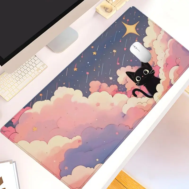 Cute Cartoon Cat & Cloud Design Mouse Pad, 1 Count Rectangle Gaming Mouse Pad, Non-Slip Rubber Base Stitched Edge Desk Pad for Home Office, Non Slip Mousepad