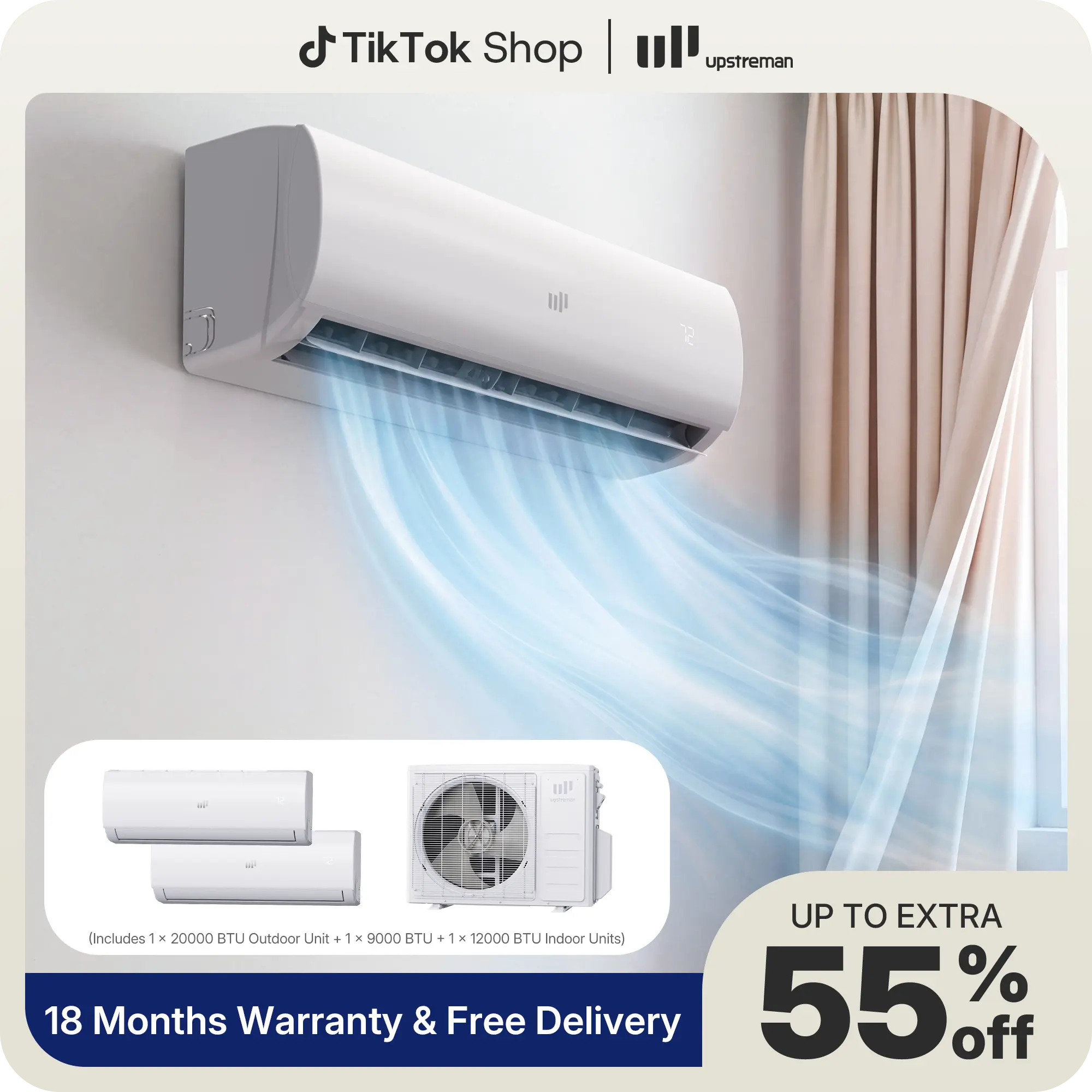 Upstreman 2-Zone Mini Split Type Aircon - 20000/28000 BTU, 20 SEER2, 230V Pre-Charged I20-230V Multi-Function Airconditioner with Cooling, Heating, Adjustable WiFi, Energy-Efficient Dehumidifier for Home Use to Stay Cool