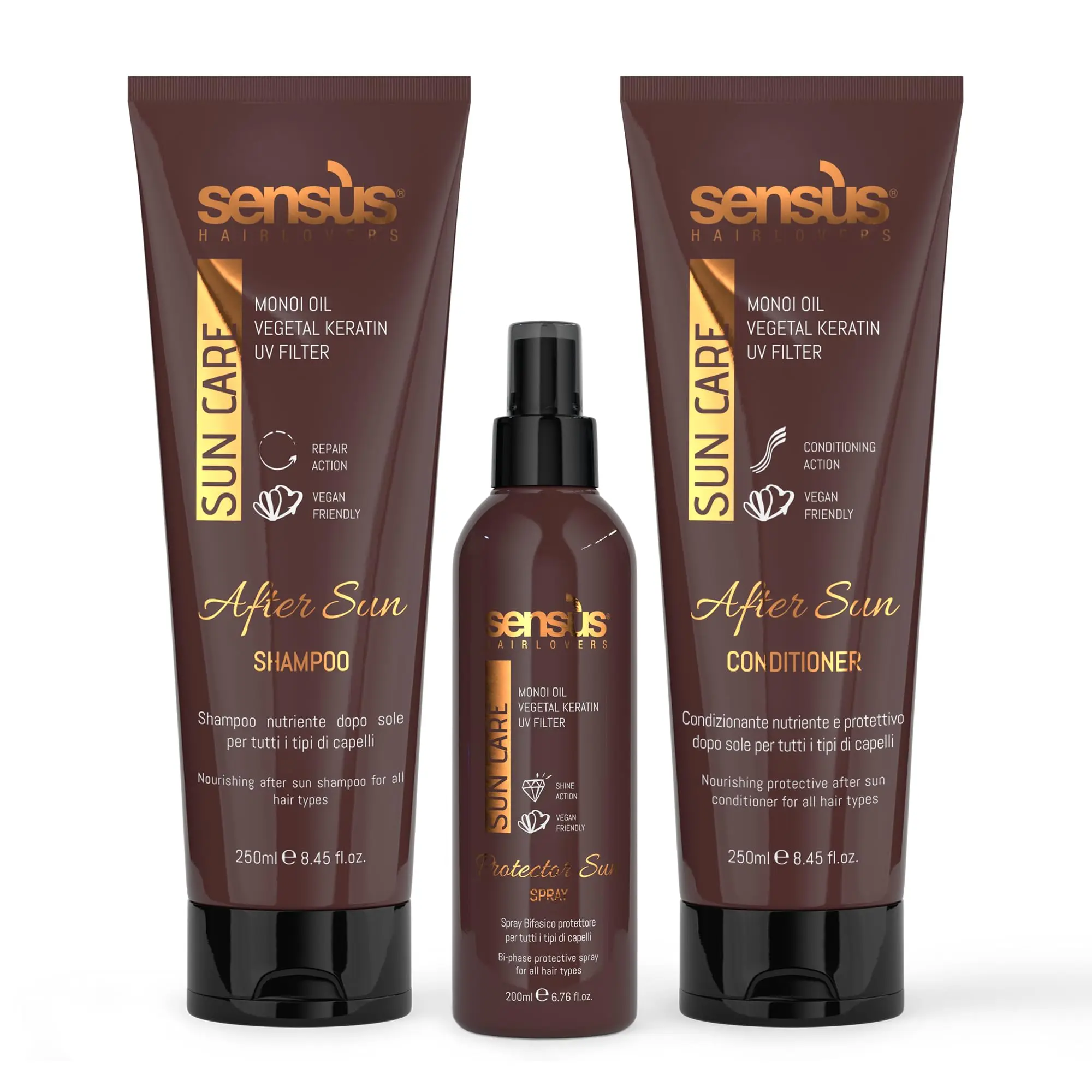 Sunscreen for Hair - After Sun Hair Recovery Kit - Protect hair from damage caused by sun, salt and chlorine - Shampoo, conditioner and protector sun spray.