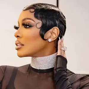 2025 NEW Wholesale Chic Pixie Cut Wig for Women - 180% Density, Deep Wave Finger Wave Style, Glueless with Rose Net Cap, Machine-Made, Full Coverage, Versatile Hairpiece for All Light Beige Tones, 4 Inches, Special Occasion Wig |   Sleek Modern Look |   N