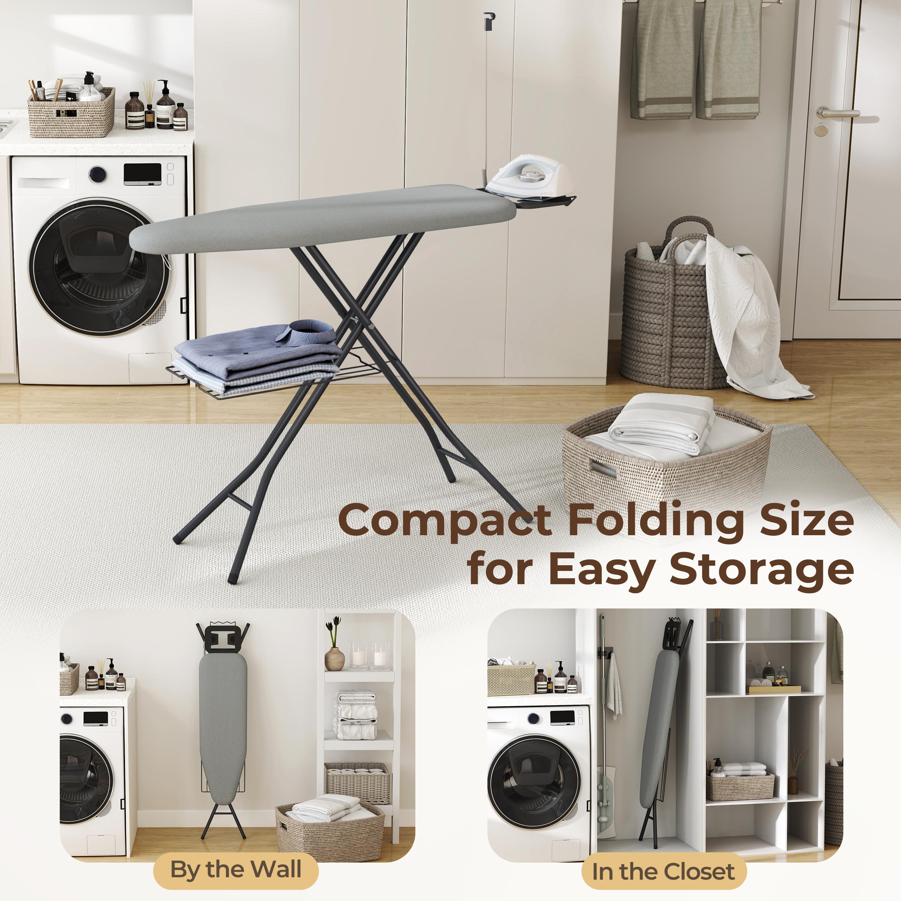 Costoffs Full Size Ironing Board with Clothes Rack Foldable & Height-adjustable Iron Table with Cord Holder/4 Legs/4-layer Pad for Laundry/Living Room/Dormitory, Beige/Gray
