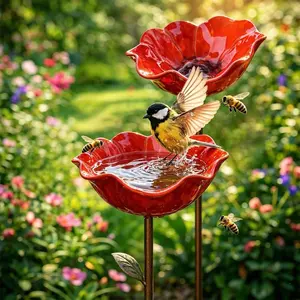 2026 New Outdoor Patio Decorative Artwork, 3D Handmade Metal Garden Tote, with Bee Bathtub and Bird Drinking Bowl, Butterfly and Pollinating Insect Watering Station, Weather-resistant Garden Decor Gift (Yellow/Red)