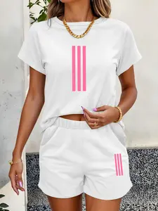 Women's Summer Casual Striped Print Matching Set, Thin Milk Silk T-Shirt & Shorts, Fitted Regular Length Tops, 2 Piece Outfit