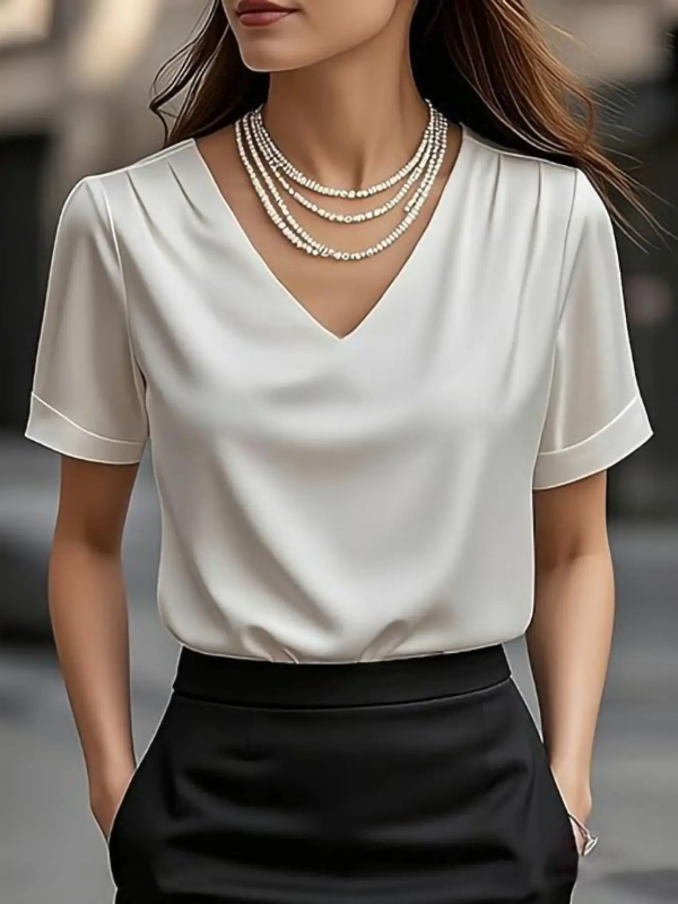 Women's Elegant Satin Blouse, Smooth Fabric Pleated V-Neck Design, Suitable for Casual or Formal Occasions, Stylish Short Sleeve Shirt
