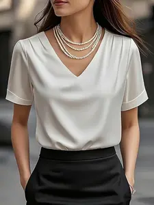 Women's Elegant Satin Blouse, Smooth Fabric Pleated V-Neck Design, Suitable for Casual or Formal Occasions, Stylish Short Sleeve Shirt
