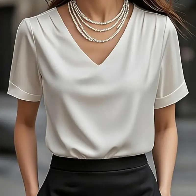 Women's Elegant Satin Blouse Top, Smooth Fabric Pleated V-Neck Design, Suitable for Casual or Formal Occasions, Stylish Short Sleeve Shirt