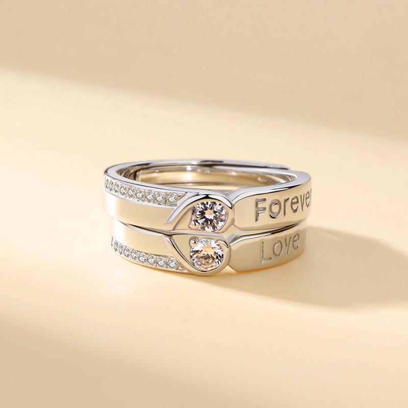 Eternal Love Couple's Ring Set High-Quality Copper Open Design for Long-Distance Relationships Stylish Versatile Commemorative Gift with Heart Accents