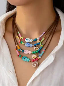 Boho Style 4-Piece Set Beaded Necklaces for Women, Layered Design with Ceramic Fish Charms & Shell Pendant, Perfect for Casual Wear