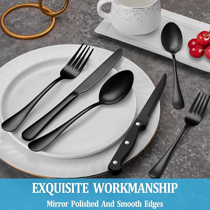 24/30 Pieces Black Stainless Steel Silverware Set ,Including Knife Spoon And Fork Eating Utensils Set For Kitchen,Cutlery Set Suitable For Restaurant And Hotels, Dishwasher Safe Flatware Set