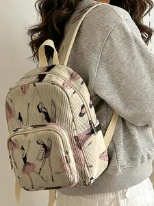 1 piece of ballet dancer pattern 2D printed lady's backpack, corduroy texture + layered storage + light weight reduction | perfect for students to go to class/shopping/short trips | combination of atmosphere and practicality