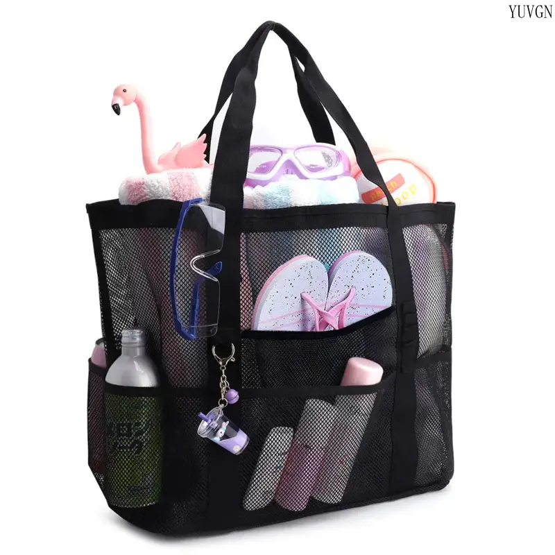 Oversized Mesh Beach Tote Bag - 9 Pockets, 24x8.5x15", Lightweight Foldable Sandproof Gear Tote with Zipper Pocket, Airy Mesh Airflow Leisure Bag for Men & Women, Ideal for Beach Getaways, Family Trips, Foldable Tote Bags, Beach Bag